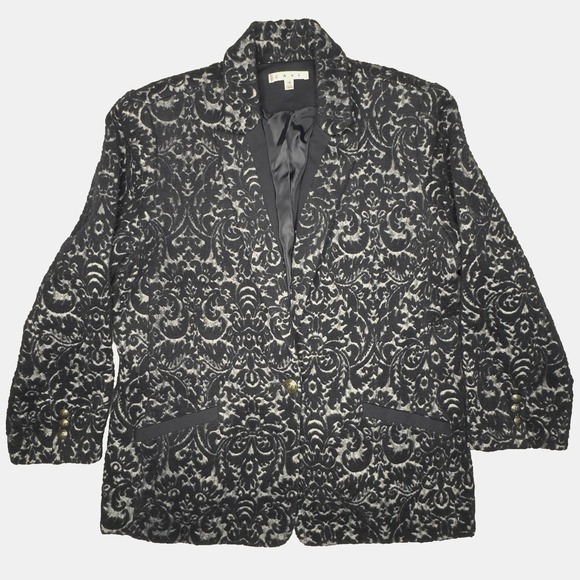 CAbi Blazer Jacket Womens 14 Navy Gray Damask Jacquard Wool Blend Style 109 - Picture 1 of 6